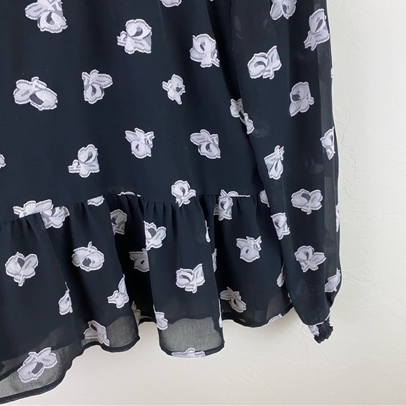 Loft Size Small Black Sheer Chiffon Grey Floral Full Sleeve Ruffle Hem Blouse - Picture 2 of 7